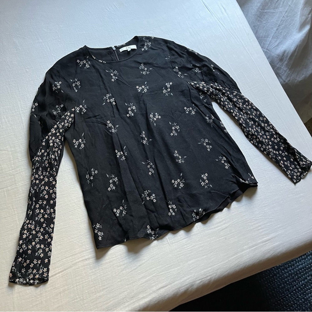 Tibi black floral print puff long sleeve blouse
